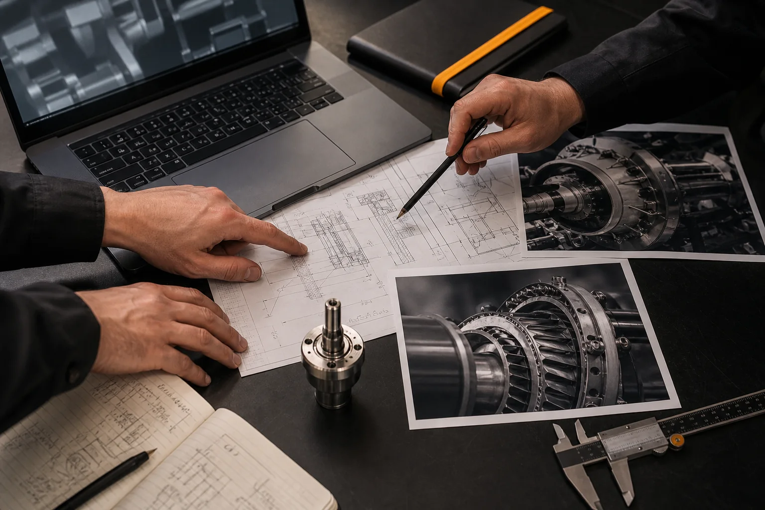 Tavolo di lavoro tecnico durante una revisione architetturale: schemi stampati, laptop, calibro e un componente di precisione, mani che indicano le connessioni