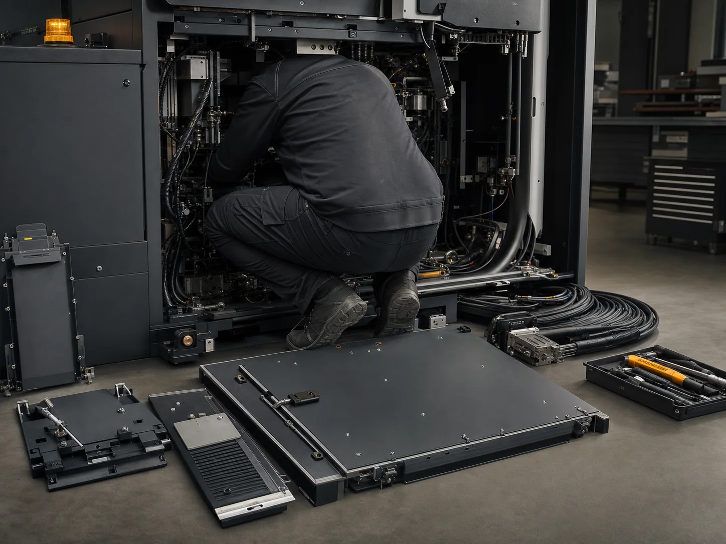 Macchina industriale complessa parzialmente aperta durante un intervento di rework controllato, pannelli rimossi con ordine e cablaggi esposti