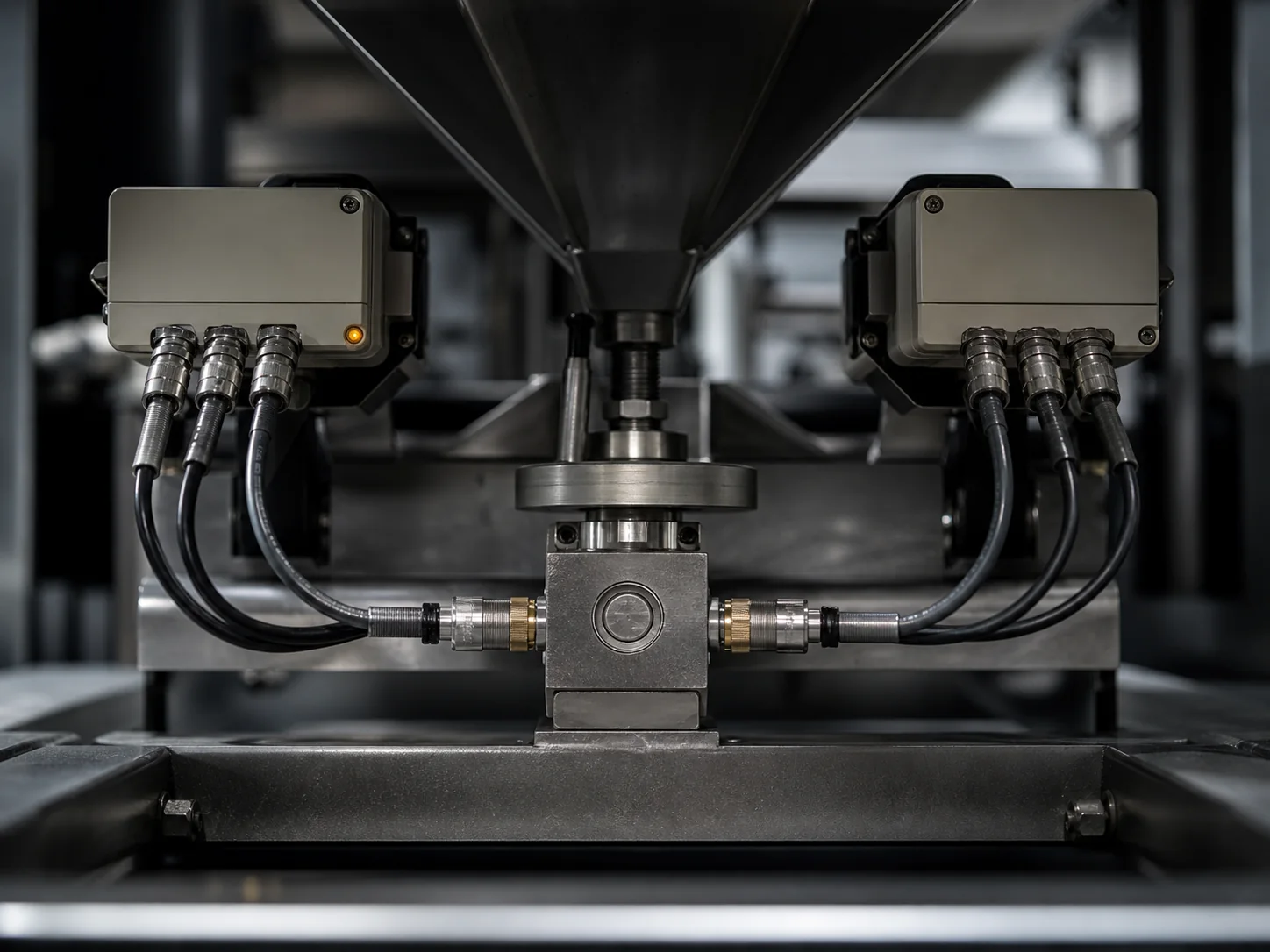 Due moduli di controllo industriali collegati allo stesso sistema di pesatura, cablaggi che convergono su un punto di misura