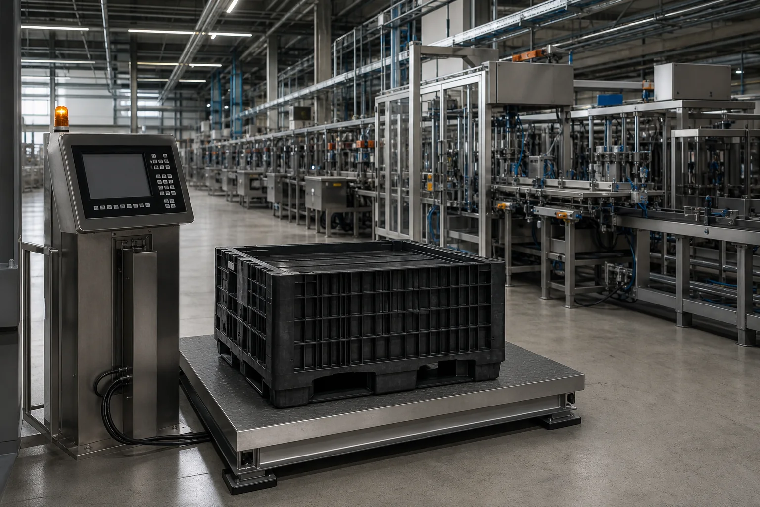 Un unico impianto industriale: in primo piano un terminale di pesatura statica, sullo sfondo una linea automatizzata ad alta velocità