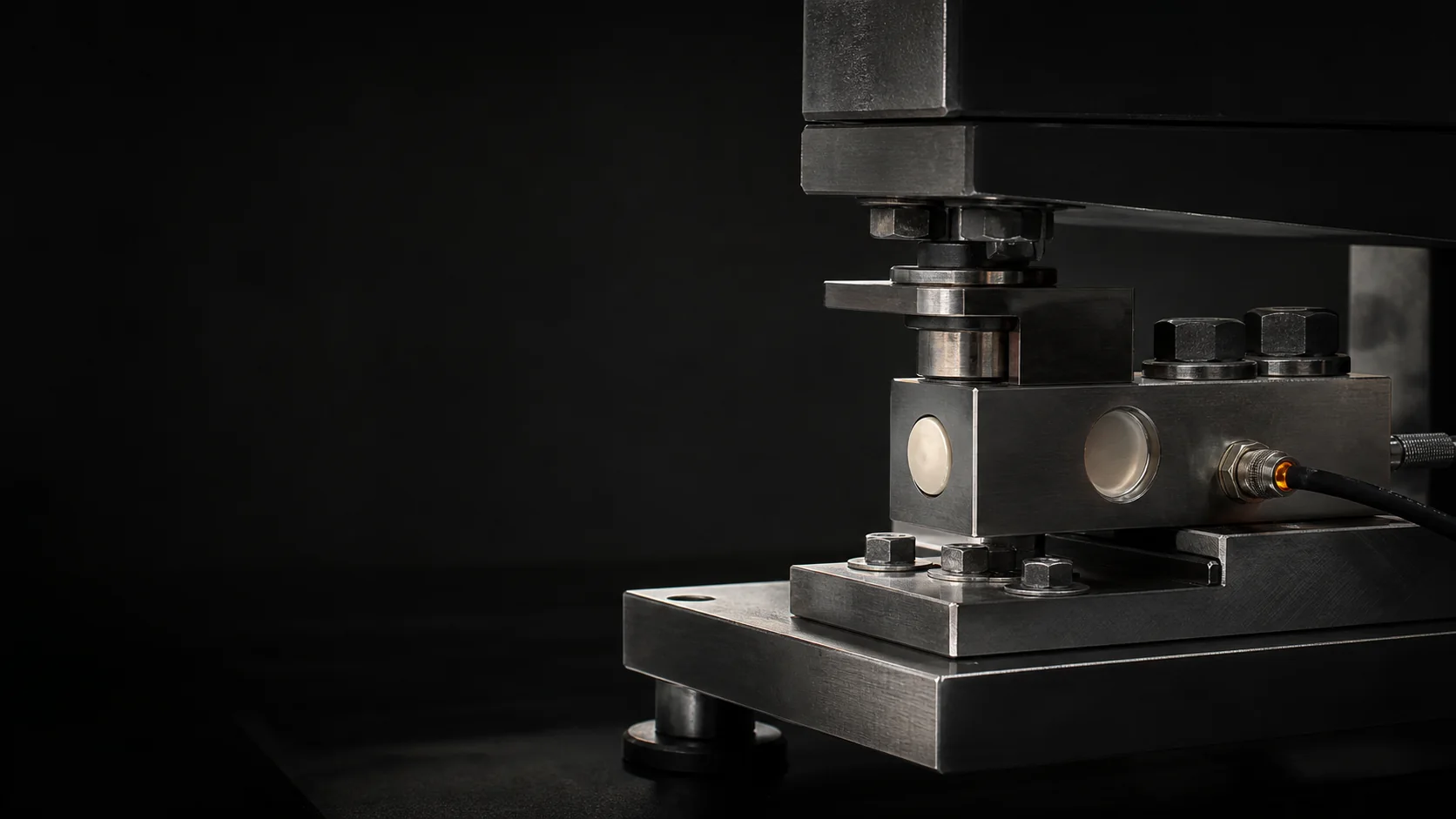 Macro di un componente di pesatura industriale di alta precisione perfettamente installato, illuminato da una sottile linea di luce
