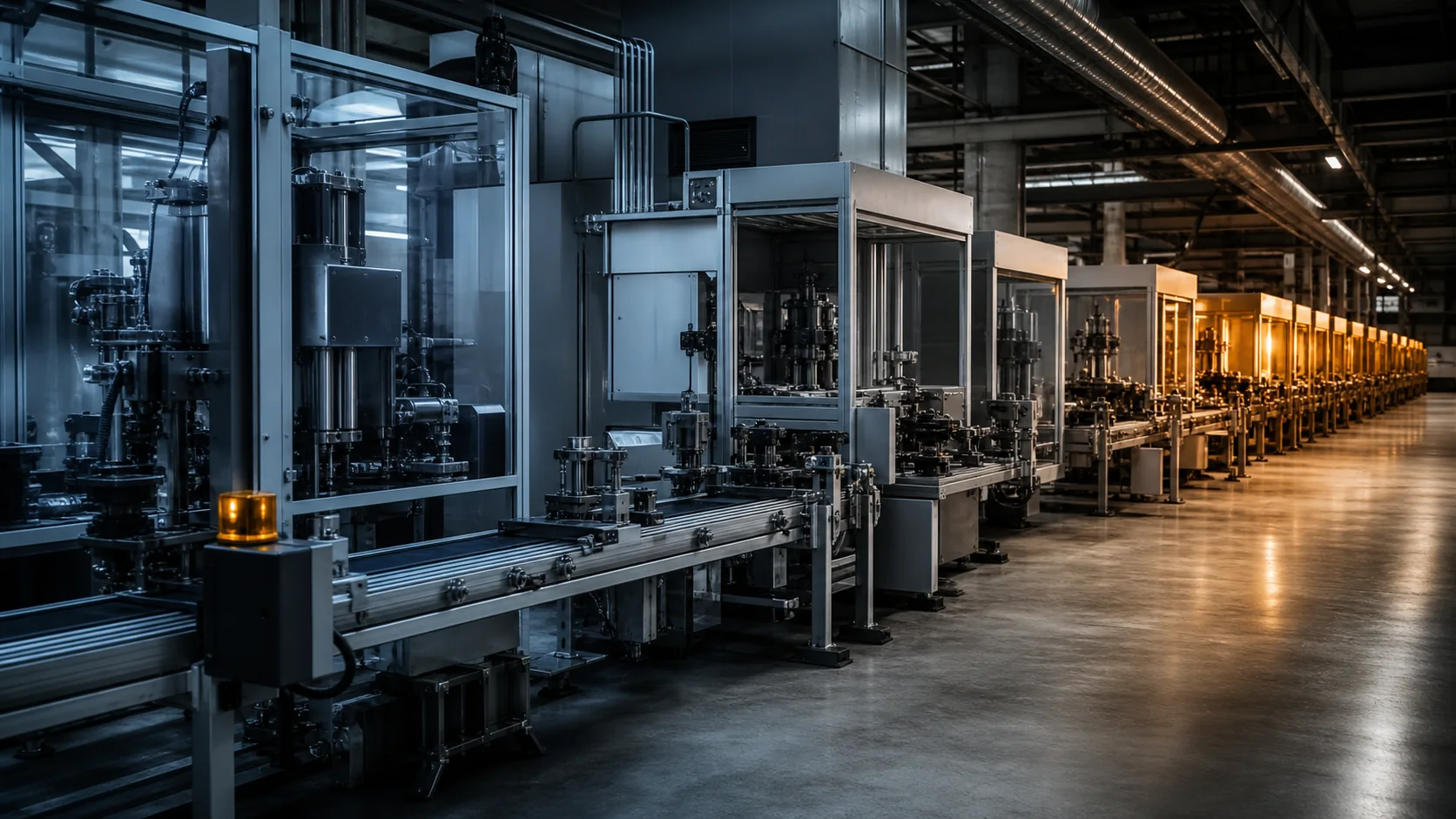 Lunga linea di produzione in prospettiva con stazioni successive, la luce che passa gradualmente da fredda e analitica a calda e stabile