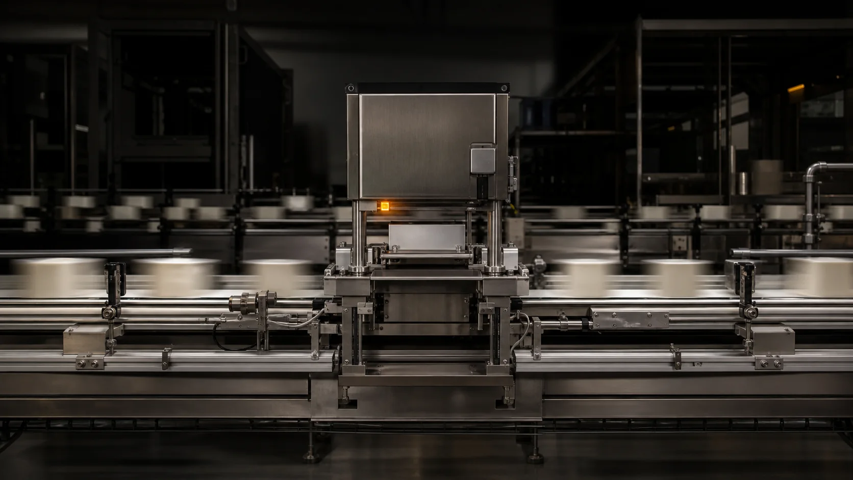 Linea automatizzata durante un test intensivo: prodotti in transito con motion blur, modulo di pesatura centrale perfettamente nitido